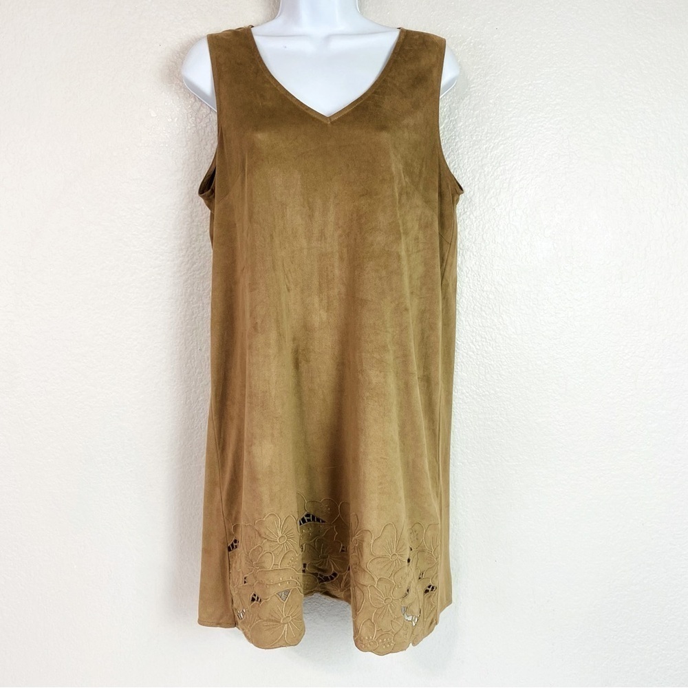 Molly Braden Tan Faux Suede V Neck Laser Cut Hem Dress Size L